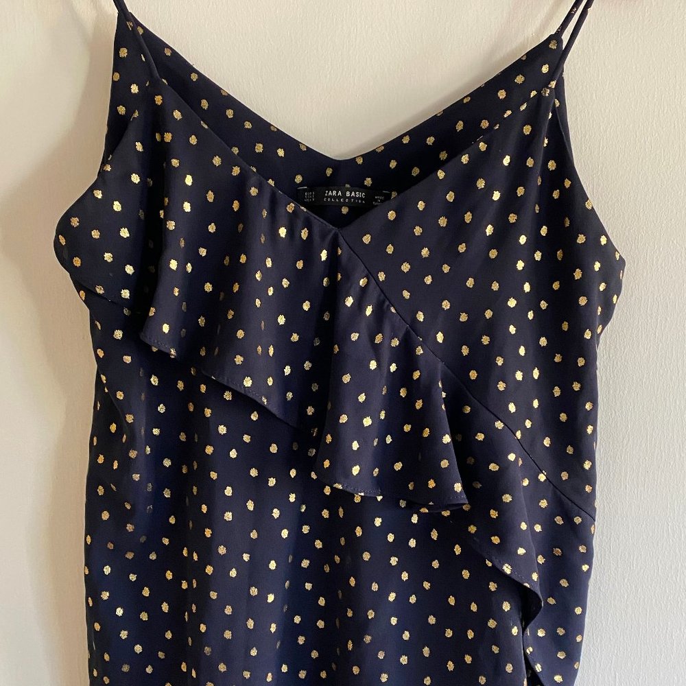 Navy/Gold Metallic Polka-Dot Ruffled Top
